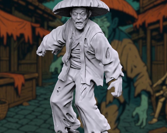 Elderly Zombie Villager Mini | Undead Japanese Peasant with Sandals and Straw Hat Miniature for Survival Horror | By Vaultz