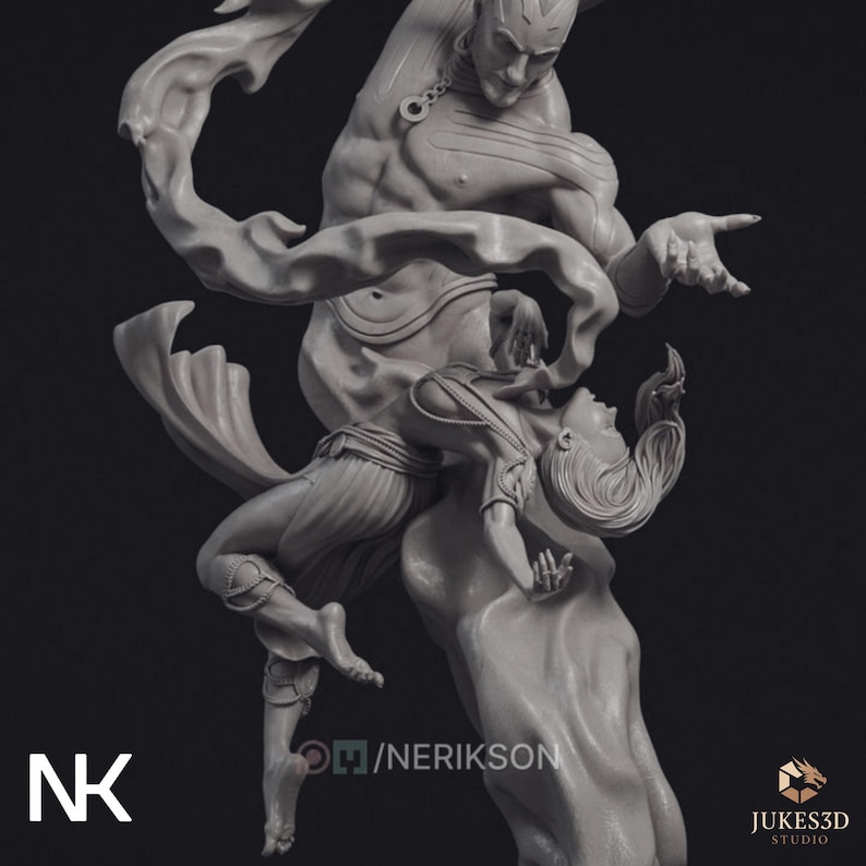 Close-up of genie and dancer figures in suspended motion with intricate anatomy, jewelry details and flowing magical energy effects.