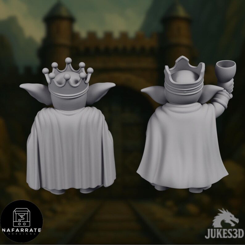 Rear view of goblin king miniatures highlighting flowing capes, crown details, and compact goblin proportions, suitable for fantasy throne rooms or dungeon courts.