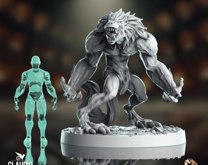 Werewolf Miniature | Lycanthrope Beast Mini | 32mm Large Creature Resin Scenic Base | By Claudio Casini