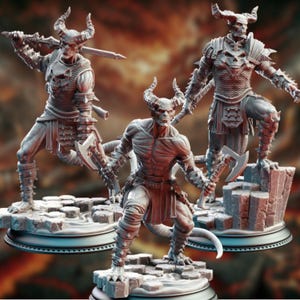May include: Three gray, detailed, miniature figurines of demonic creatures with horns, swords, and axes. The figures are posed in a dynamic, action-ready stance.