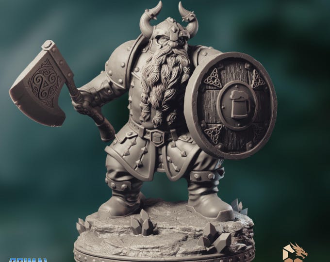 Dwarf Fighter Miniature | Dwarven Battlemaster Mini with Axe and Shield | By Primal Collectibles