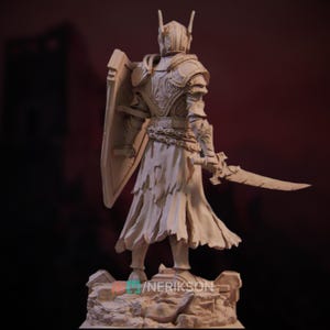 Back view of armored skeleton knight with weathered shield and chain-wrapped waist. Ornate armor details and base rubble visible.