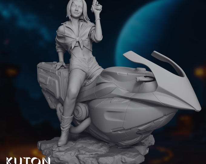 Cyberbike Girl Model Kit | Futuristic Biker Woman with Pistol | 1:10 Scale and 120mm Resin Display | by Kuton Figurines