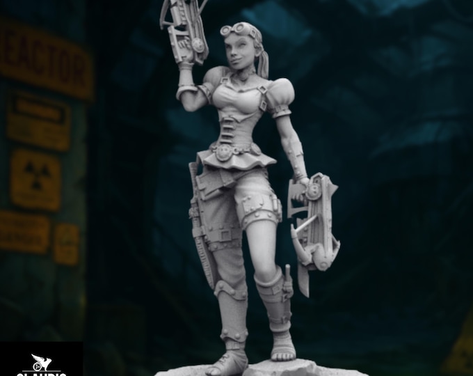 Cyberpunk Scavenger Sniper Mini | Female Sci-fi Tracker or Bounty Hunter for Wasteland Campaigns (75mm/90mm) | By Claudio Casini Art