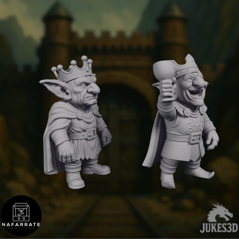 Two goblin king miniatures standing side by side, one scowling sternly and the other laughing while raising a goblet, both wearing crowns, cloaks, and royal garments with exaggerated goblin facial features.