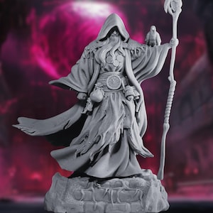 Human Wizard Mini with Familiar Option | Elder Divination Wizard Miniature | By Nerikson