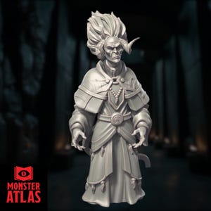 May include: A gray figurine of a humanoid figure with horns, elaborate hair, and a long robe. The figure has a stern expression and is standing in a dimly lit space. The Monster Atlas logo is in the lower left corner.