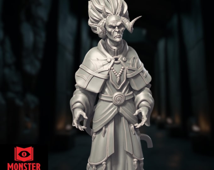Demon Warlock Mini | Great Old One Pact Villain Miniature | Horned Infernal Sorcerer NPC | By Monster Atlas
