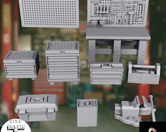 Workshop Garage Terrain | Modern Utility Scatter Set | 28mm 32mm RPG Scenery | Tiny Furniture