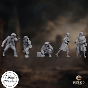 May include: A set of five unpainted gray resin miniature figures depicting people in mid-century attire. The group includes individuals in coats and caps, one crouching with a radio device, and one standing with a bicycle. Logos for Eskice Miniature and JUKES3D STUDIO are visible.