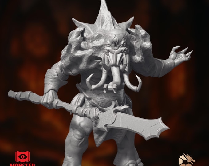 Maelephant Boss Mini | Eldritch Abomination Miniature | Large Tentacled Warrior with Cleaver | Monster Atlas