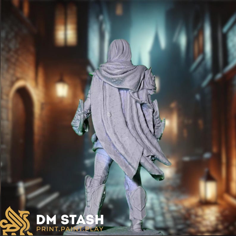Highly detailed resin elf rogue miniature viewed from the back, showcasing a flowing cloak, dual daggers, and intricate armor, set against a moody cobblestone alley backdrop—perfect for fantasy tabletop gaming, painting, or display.