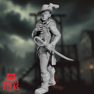 May include: A gray painted miniature figurine of a human character wearing a hat with a feather, a long coat, and holding a sword. The character has an eyepatch over one eye.