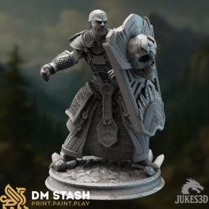 May include: A gray 3D-printed figurine of a warrior, holding a shield with a skull design. The warrior is clad in armor and stands on a round base. The text "DM STASH PRINT.PAINT.PLAY" is visible on the base.