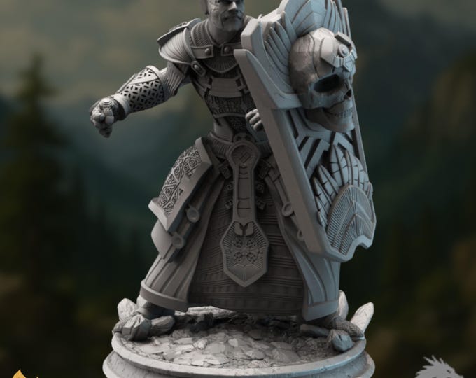 Earth Genasi Fighter Mini | Defensive Sentinel with Skull Shield | By DM Stash