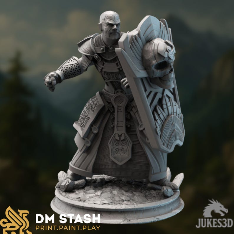 Front view of an earth genasi warrior miniature bracing behind a large shield, with clenched fist and grounded stance that emphasizes strength, resilience, and defense.