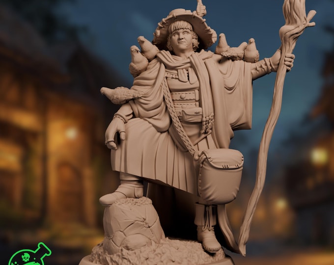 Female Shepherd Circle Druid Mini |  Forest Witch Hermit with Birds and Staff | Elder Druidess Nature Mini | By Primal Collectibles