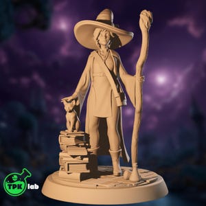 May include: A beige figurine of a witch with a wide-brimmed hat, holding a staff and standing next to a cat perched on a stack of books. The witch wears a long coat and boots. The base has the text "TPK lab" in a green circle.