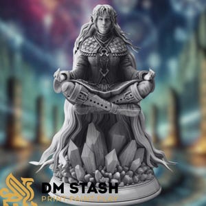 May include: A white, detailed figurine of a female elf sitting in a meditative pose on a bed of crystals. The elf has long flowing hair and is wearing a detailed robe with intricate designs. The figurine is a 3D printed model.