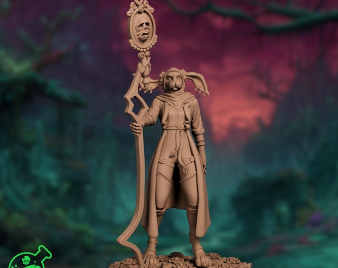 Harengon Wizard Mini | Female Fey Rabbitfolk Sorcerer Miniature | TPK Lab Fantasy Rabbit Warlock