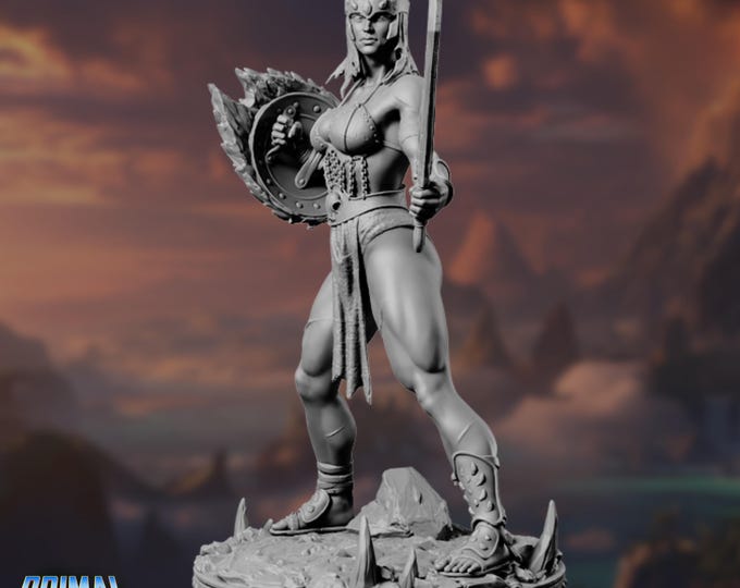 Female Barbarian Warrior Mini | Amazon Gladiator with Sword and Shield Miniature for Tabletop Games | By Primal Collectibles