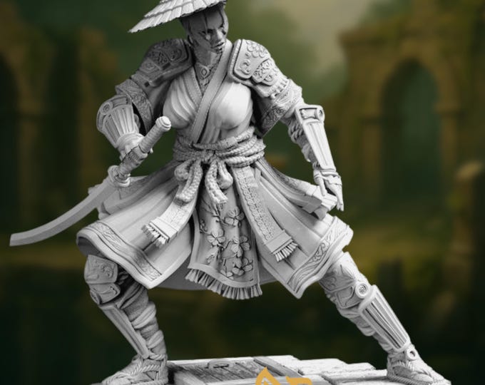 Female Samurai Fighter Mini | Eastern Assassin Rogue Miniature with Optional Hat and Mask | By DM Stash