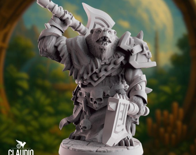 Bearfolk Fighter Mini | Savage Bear Warrior with Runic Axe Miniature | By Claudio Casini Arts