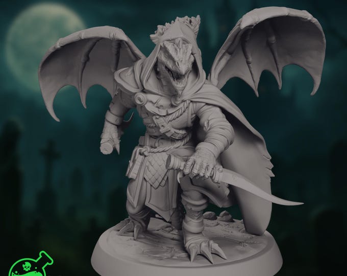 Winged Dragonborn Rogue Miniature | Stealth Fighter or Scout with Dagger | Demonic Kobold | By TPK Labs