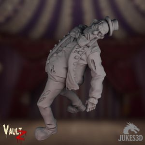 Puede incluir: Figura gris impresa en 3D de un payaso zombi, con chaqueta y pantalones rotos, y un sombrero de copa. El payaso tiene una expresión triste y se inclina hacia un lado. Los logotipos de Vault Z y Jukes3D son visibles.