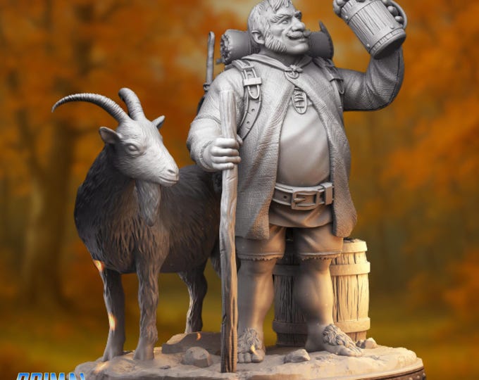 Drunken Halfling Traveler NPC Miniature | Friendly Merchant with Goat Mini | By Primal Collectibles