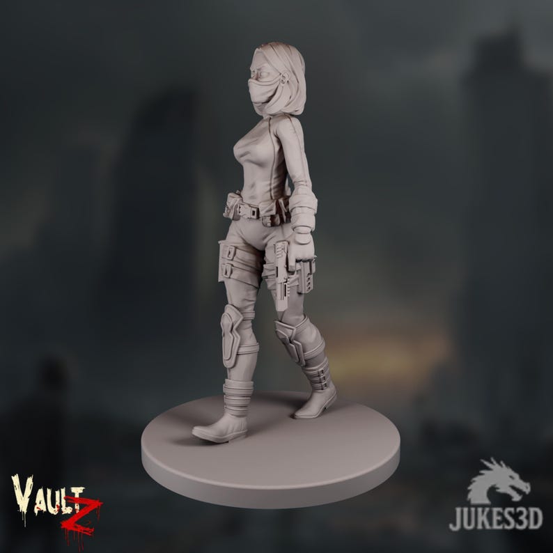 A female survivor miniature wearing tactical gear and a face mask, holding a pistol in one hand and standing ready in a confident pose. The post-apocalyptic city skyline behind her fades into dusk.