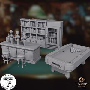 May include: A gray miniature bar set featuring a counter with four beer taps, two stools, a back bar shelf unit filled with bottles and mugs, a glass-door refrigerator, and a pool table with a rack of billiard balls arranged on the playing surface.
