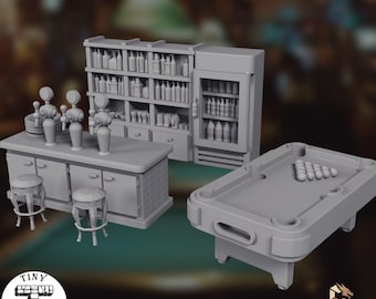 Op de afbeelding: Een grijze miniatuur barset bestaande uit een toonbank met vier biertaps, twee krukken, een barrek gevuld met flessen en mokken, een koelkast met glazen deur en een pooltafel met een rekje biljartballen op het speeloppervlak.