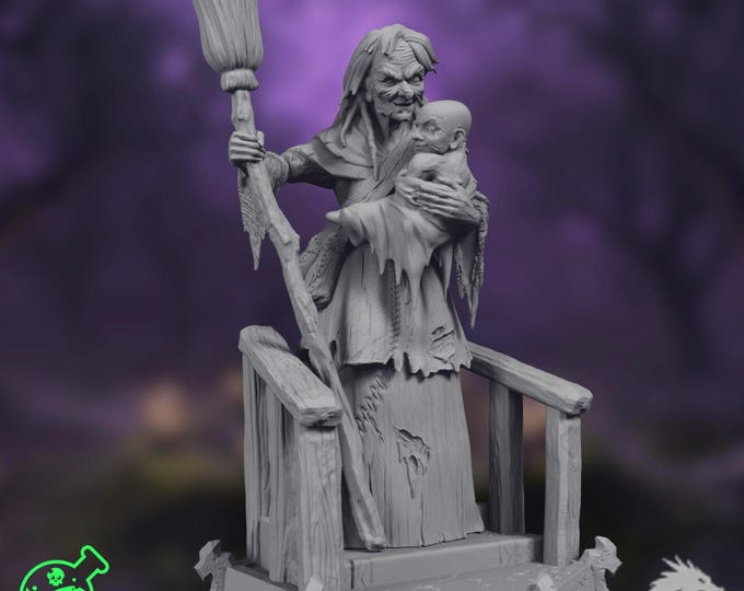 Hag Crone Mini | Child-Stealing Witch Miniature | Horror Villain with Broom and Infant |  TPK Labs