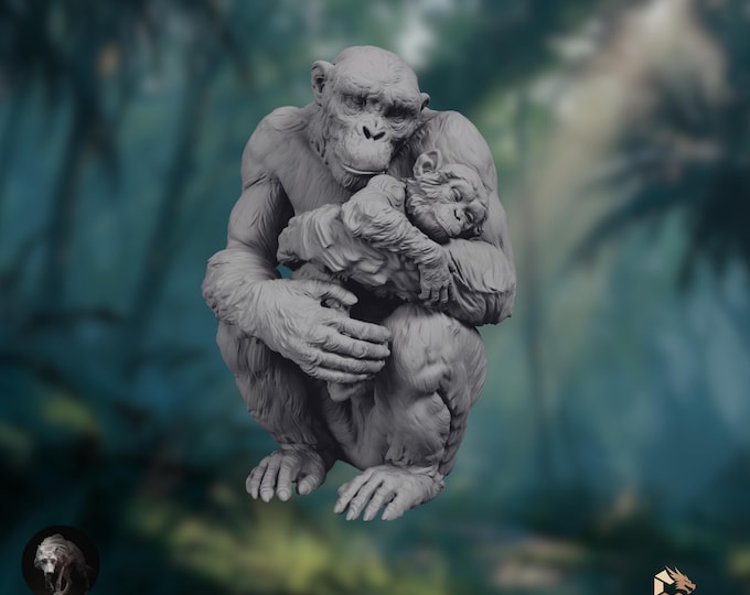 Chimp Mother with Baby Mini | Chimpanzee Family Miniature | Wildlife Paintable Figure | By Animal Den