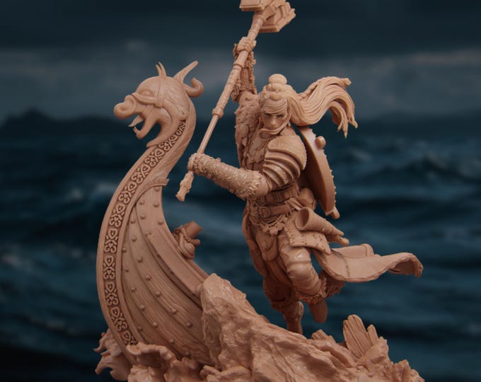 Female Viking Warrior Diorama | 140mm Resin Model Kit | Viking Shieldmaiden with Longship | By Nerikson