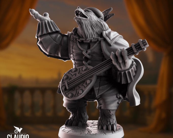 Bard Bear Mini | Singing Bearfolk Performer with Lute Miniature | Fantasy Musician Entertainer | By Claudio Casini