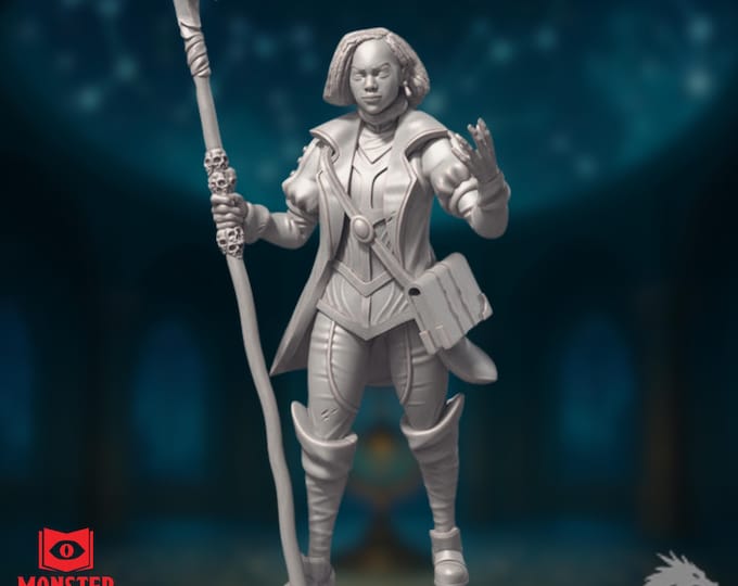 Female Wizard Mini | Necromancer or War Magic Miniature with Skull Staff | By Monster Atlas