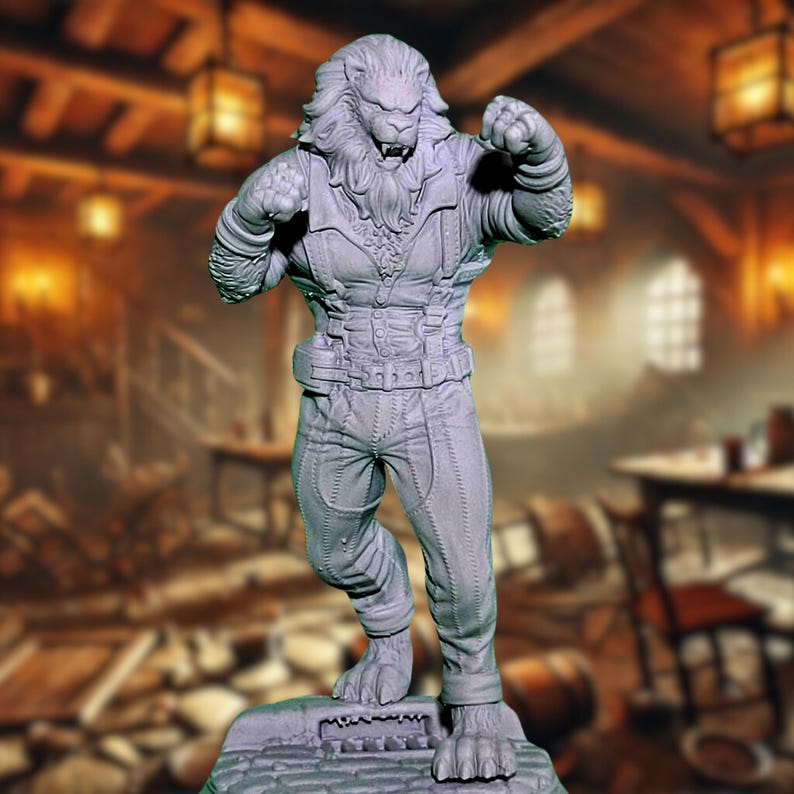 Front view of a Leonin Brawler miniature, with a roaring expression, raised fists, and powerful build, ready for battle. Perfect for representing a Lionfolk fighter or brawler.