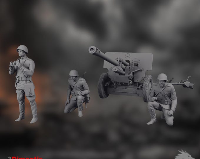 Russian Artillery Crew Mini | WWII Soviet Soldier Miniature Set | ZIS Field Gun Team | 3Dimontis