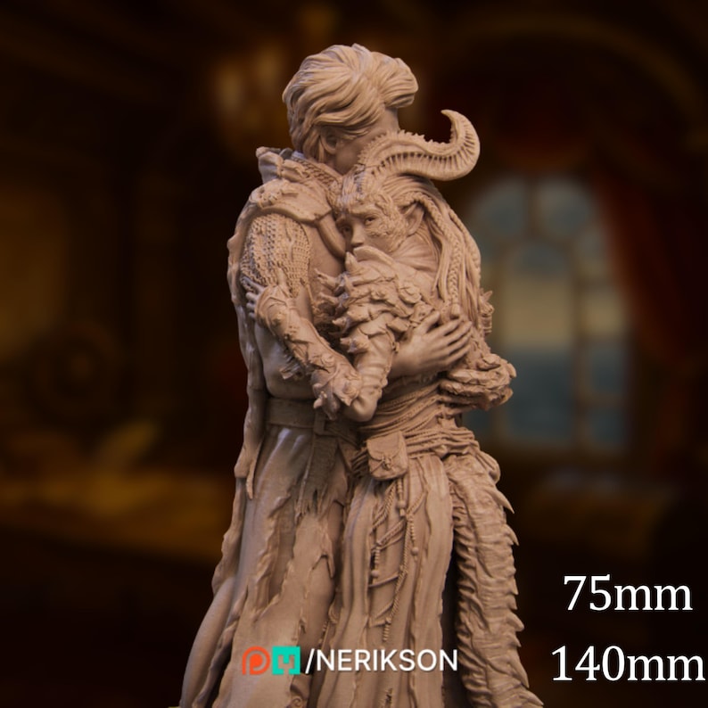 A romantic resin model of a horned tiefling woman held close by a noble man, sculpted in warm embrace, with visible facial expressions and delicate hand placement.