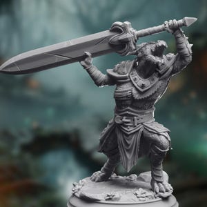 May include: A gray, detailed miniature figurine of a reptilian creature wearing armor and wielding a large sword. The creature has a fierce expression and is posed in a dynamic stance.