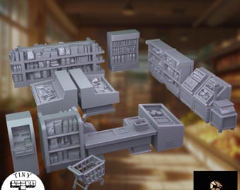 Grocery Store Terrain Set | Modular Supermarket Scatter for Tabletop Gaming | Tiny Furniture