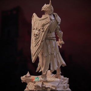 Side angle showing curved sword and raised shield. Helm features sharp lines and skeletal facial design.