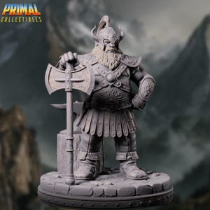 Heavy Armor Dwarf Fighter Mini | Dwarven Paladin with Axe and Helm Miniature | By Primal Collectibles