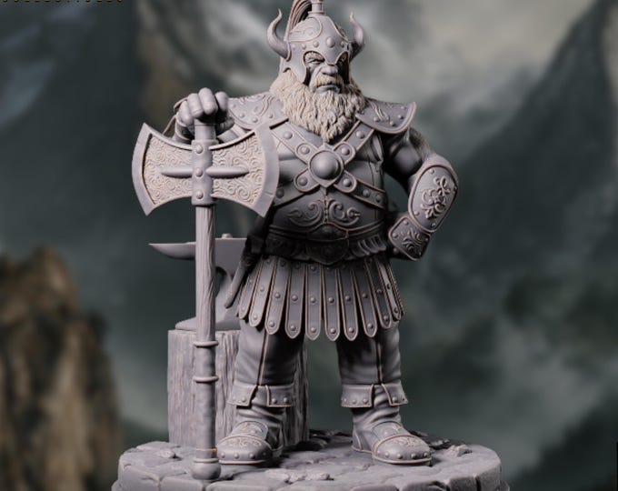 Dwarf Fighter Miniature: Heavy Armor, Axe, Anvil - Primal Collectibles