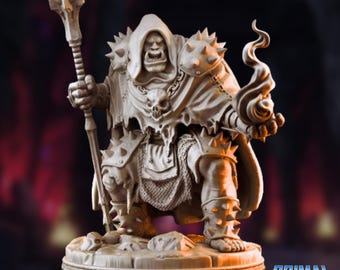Hooded Orc Warlock Mini | Cloaked Hexcaster Shaman Sorcerer Miniature with Fiery Magic | By Primal Collectibles