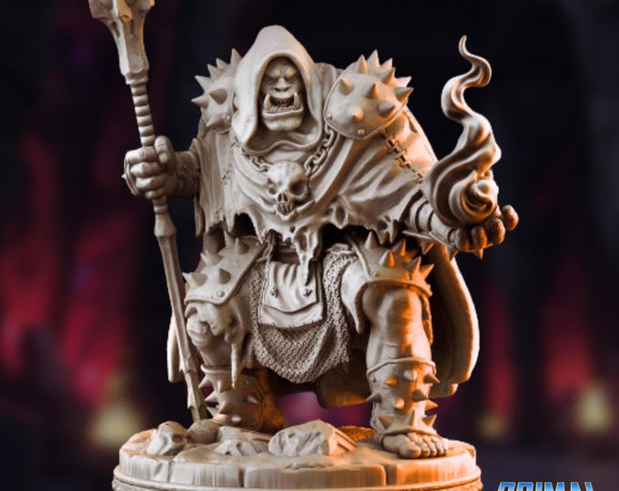 Hooded Orc Warlock Mini | Cloaked Hexcaster Shaman Sorcerer Miniature with Fiery Magic | By Primal Collectibles