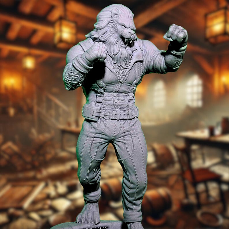 Action pose of a Leonin Brawler miniature, stepping forward with fists clenched and teeth bared, set in a tavern background. Ideal for a tabletop player character with a combat focus.